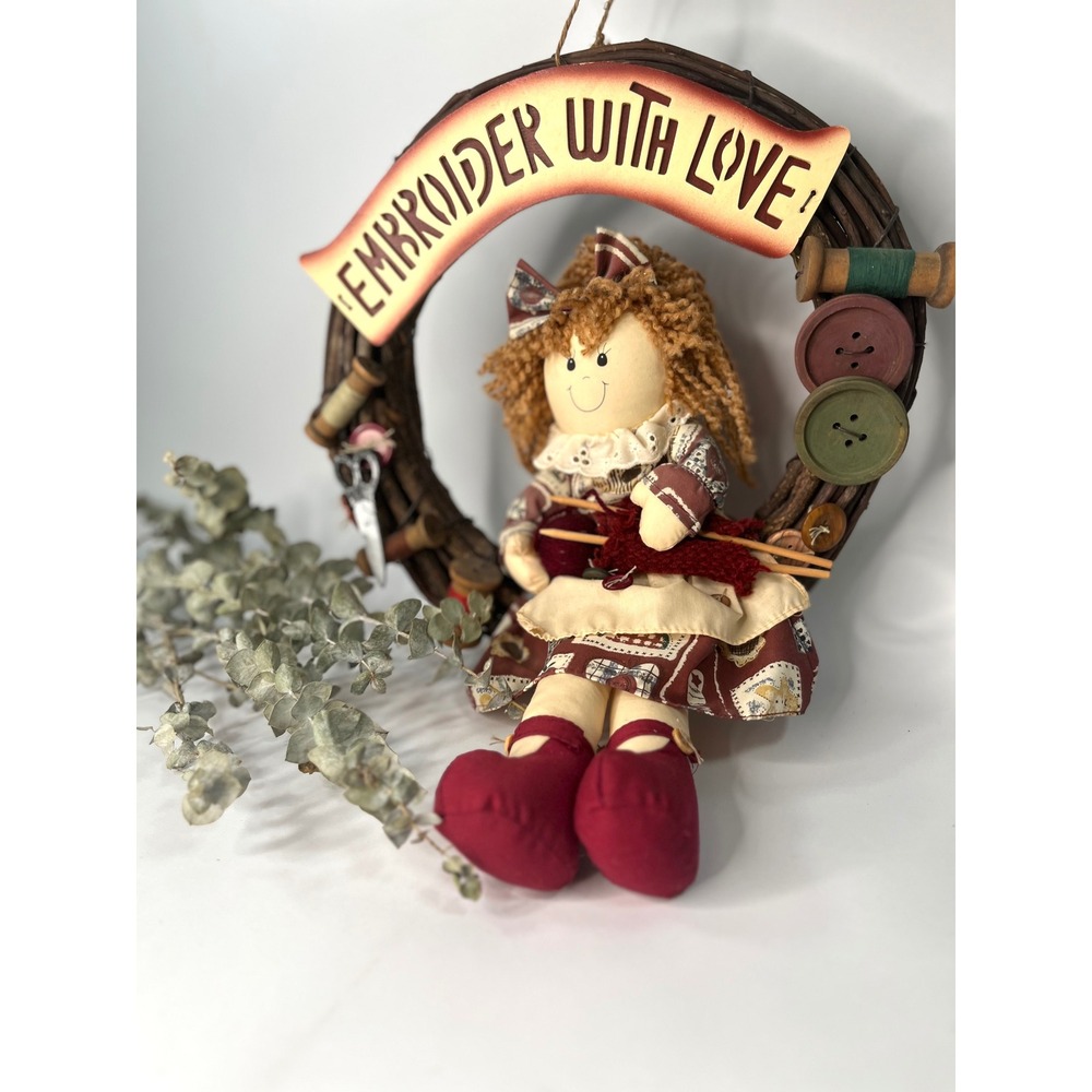 "Embroider With Love"  Round Wooden Wreath Farmhouse Door Sign Wall
